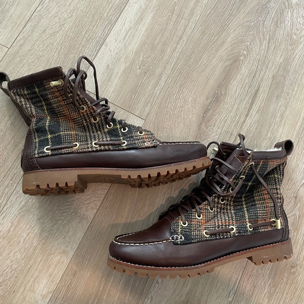 Tory Burch Amos Sherling Lined Tweed Brown Boots - Picture 2 of 8